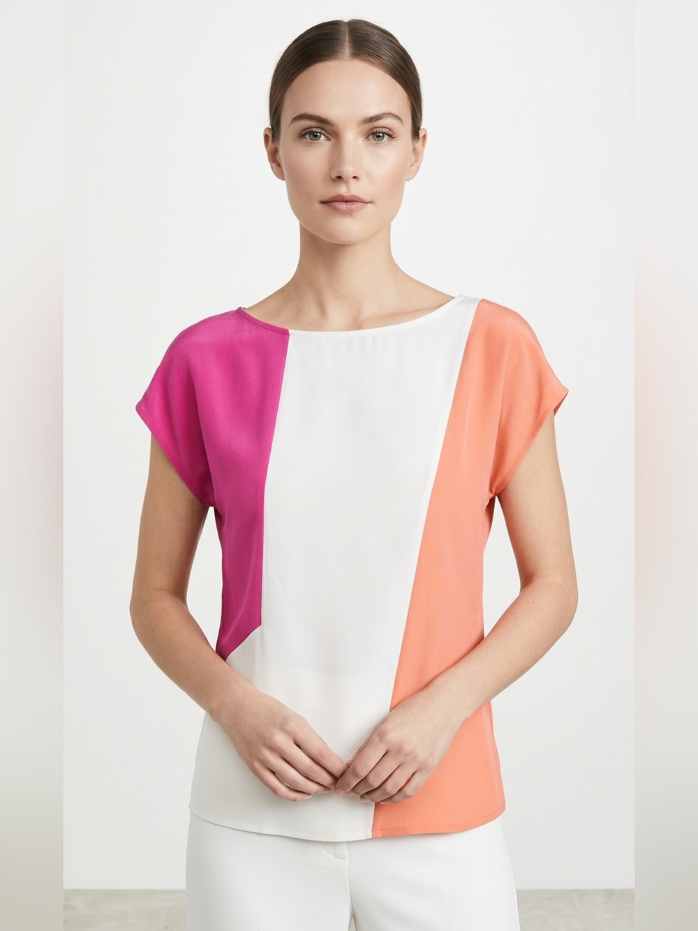Calvin Klein Colorblock Short Sleeve Blouse in Magenta, White & Coral